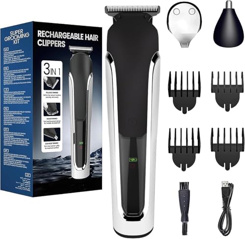 Vexloria Corta-pelos para homens, kit de higiene 3 em 1 para homens com aparador de nariz e orelhas, aparador de detalhes, máquina de cortar cabelo sem fios profissional impermeável IPX6 (preto e