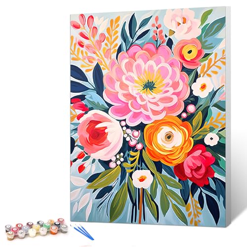 gelrovaled Pintar por números, pintura por Neifo, kit de pintura a óleo de tela com pincéis, pigmento acrílico 30 x 40 cm, com moldura (Flower 01)