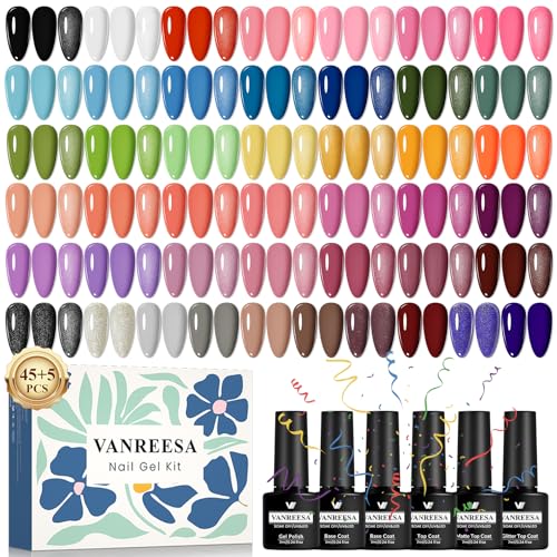 VANREESA Vernizes semipermanentes para unhas, 45 cores, com base Top Coat brilhante mate roxo, conjunto manicure para iniciantes, presentes para mulheres