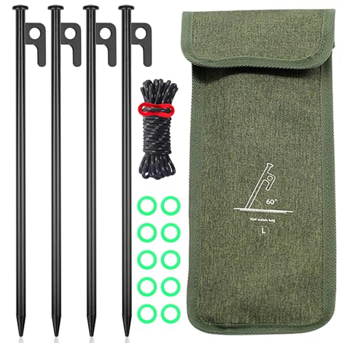Piquetas de aço para tenda de campanha, 30 cm, conjunto de 4 estacas estáveis para campismo e atividades ao ar livre, inclui anel de segurança luminoso e prático saco de armazenamento