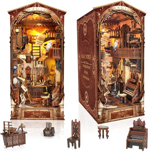 Collazoey Book Nook Kits, DIY casa livros de madeira, quebra-cabeças de madeira 3D, com sensor de luz LED, presente de aniversário para adolescentes e adultos, dia dos namorados (mundo mágico)