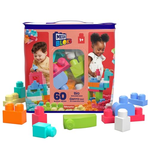 Mega BLOKS Conjunto de construção Big Building Bag com 60 blocos de construção grandes e coloridos, 1 bolsa de armazenamento, para crianças de 1 ano em diante, modelo sortido, DCH54