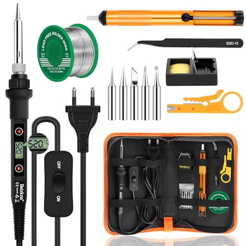 Beizkna Soldador de estanho 80 W kit 13 em 1 soldador profissional com temperatura ajustável 180 °C - 520 °C, 5 peças pontas, bomba dessoldadora, suporte, pinças antiestáticas, fio de soldagem