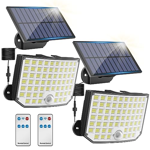 KagoLing Luzes solares para exteriores, jardim, holofote solar, 256 LED, 2 pacotes, separadas, candeeiro solar com controlo remoto, 3 modes, IP65 com sensor de movimento para garagem caminhos