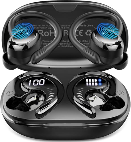 Auriculares sem fios desportivos, auriculares Bluetooth 5.4 com 4 Mics, 50H capacetes sem fios Bluetooth HiFi estéreo, IP7 impermeável, capacetes Bluetooth com cancelamento de ruído ecrã LED