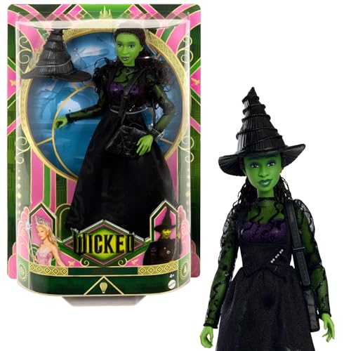 Mattel Wicked Elphaba boneca na moda com pele verde, cabelo preto trançado e um vestido elegante de tirar e vestir, articulado, inclui acessórios, HXT62