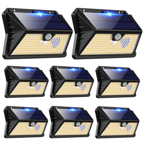 OUILA Luzes solares LED para exterior, 8 pacotes, 185 LED/3 modos com sensor de movimento, IP65 impermeável para jardim, garagem (branco quente)