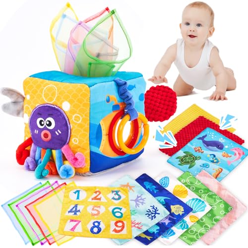 hahaland Caixa lenços brinquedos bebés 6-12 meses, brinquedo sensorial com texturas, lenços tecido, espelho - brinquedos Montessori 3 6 12 meses presente 1 ano