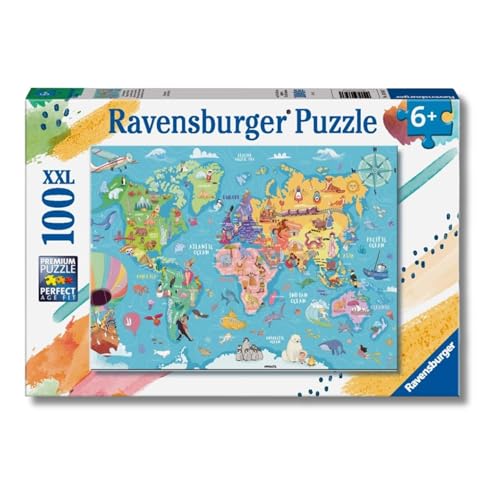 Ravensburger - Puzzles XXL Mapa-múndi | Puzzle 6 anos ou mais, presente para criança 6 anos ou mais de 100 peças, quebra-cabeças para crianças de 36 x 49 cm puzzle