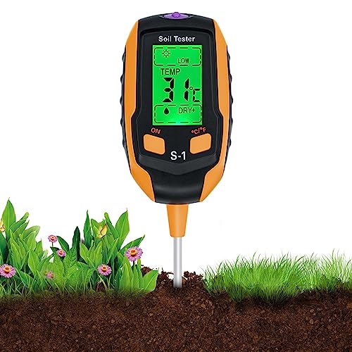 Wigearss Medidor de solo 4 em 1, medidor de pH, humidade, temperatura e luz, ecrã LCD com retroiluminação para jardim, agricultura e plantas de exterior