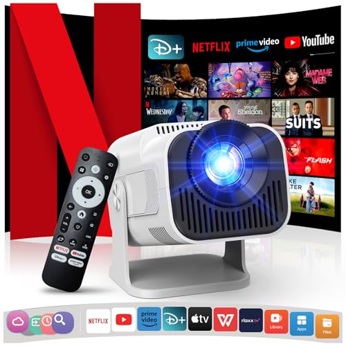[Netflix oficial/Dolby Audio] Projetor 4K com WiFi e Bluetooth, 1080P Nativo Mini projetor portátil, One-Click Use Netflix/Youtube/PrimeVideo/D integrado, Smart Home Outdoor Projetor Branco
