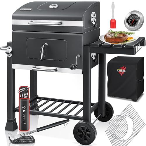 KESSER® Grelha de carvão com carrinho de grelha com tampa, rodas, cabo de aço inoxidável, churrasco, escova, cobertura e termómetro carvão Wagen grande BBQ churrasco Camping, jardim XL cinzento