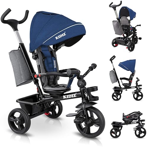 KIDIZ Triciclo 6 em 1 para crianças barra de pressão, sistema de direção, barra a partir de 9 meses para correr para a frente e para trás, cesta com suporte para bebidas, toldo solar, rodas de