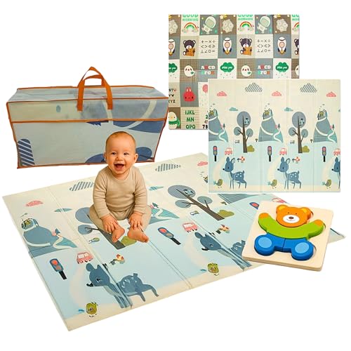 Tapete de bebé acolchoado e dobrável para gate, jogos e atividades, colchão infantil reversível e antiderrapante puzzle de madeira educativo, piso seguro, macio e fácil de limpar