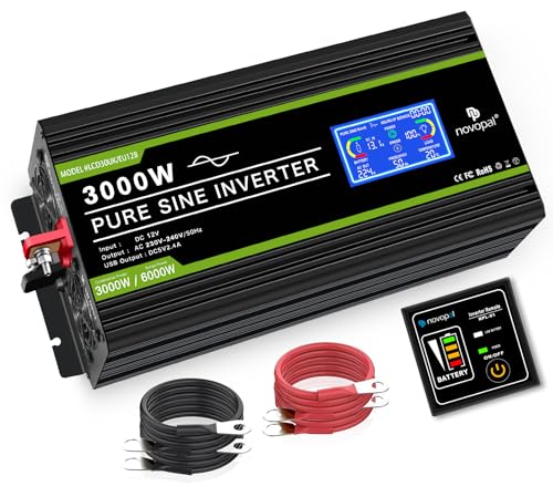 NOVOPAL 3000 W Inversor 12 V 220 V onda pura transformador inversor de corrente conversor com ecrã LCD, 5 m controlo remoto com 2 tomadas CA e porta USB 2.4 A