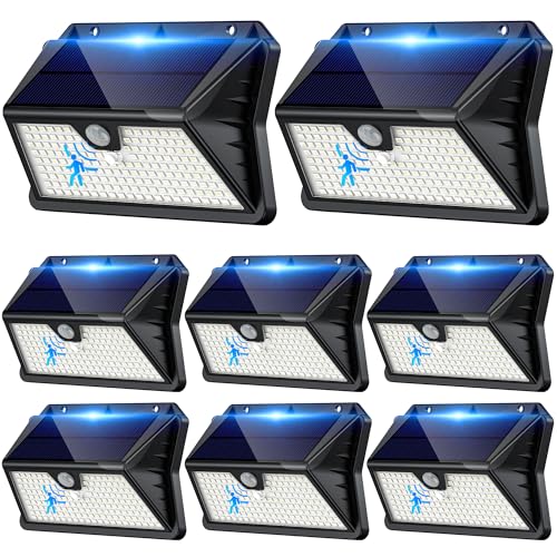 Giliwosy Luz solar para exterior, 8 pacotes/3 modos: luzes solares com sensor de jardim de movimento, 185 LED, holofotes LED exteriores solares IP65, impermeável para jardim, garagem, pátio, portas
