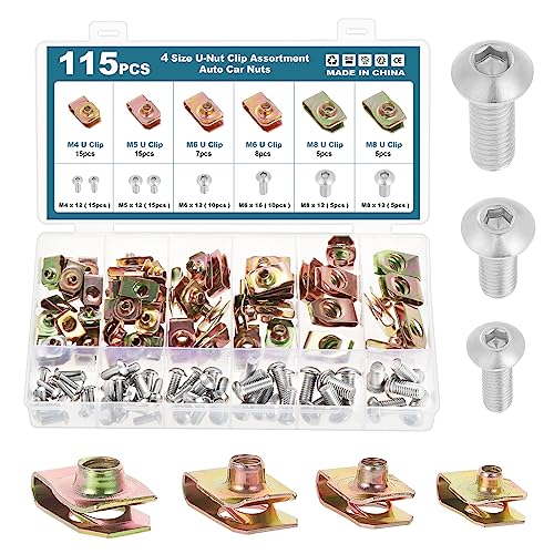 HSEAMALL 115 peças U Clip porca com parafuso kit de sortimento, clipes de carro universal clipe de montagem rebites para para-choques placa da porta interior