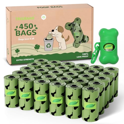 450 rolos de sacos para excrementos de cães, biodegradáveis, à prova de fugas, extra grossas, compostáveis, fáceis de rasgar, com dispensador, para caminhadas ao ar livre, verde