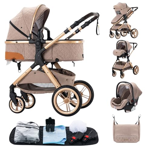 ALYIKOU Carrinho de bebé 3 em 1, com berço desmontável e assento carrinho de bebé dobrável carrinho de bebé sacos de fraldas, mosquiteiros, capas de chuva, porta-copos