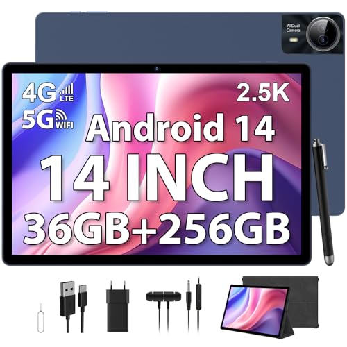 PIXPEAK 2,5 K Tablet de 14 polegadas, 4 G Lte/5G WiFi, IMPELL 2240 x 1400 FHD, 11580 mAh, 36 GB RAM, 256 GB ROM (Extensão 2TB), Android 14,0, Octa-Core, 13 MP+8 MP, Tablet com C. ustodia/GPS/Bluet 5.0