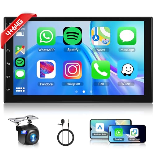 4 + 64 G Sem fios Carplay Android 13 rádio de carro 2 DIN, 7 polegadas 2 DIN rádio carro com Android navegação automática GPS Mirror Link Bluetooth WiFi/FM/RDS/EQ/SWC/USB controlo de volante câmara