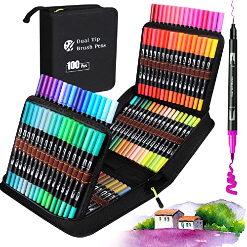 Marcadores Lettering de 100 cores, marcadores de ponta com pincel de ponta dupla, Lettering Kit para meninas e adultos, marcadores aguarela para mandalas, 3 modelos incluídos