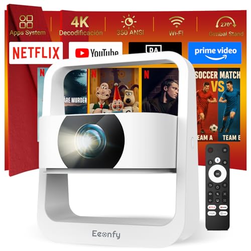 [App integrado] Eeenfy Projetor portátil, projetor TV com E-Focus/Keystone, 350ANSI, 1080P suporte, projetor Wi-Fi Bluetooth, projetor vídeo 4K suporte para cinema em casa, melhora 2025, Bllack Banco