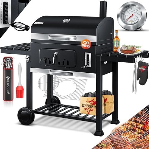 KESSER® Grelha de carvão com carrinho de grelha com tampa, rodas, cabo de aço inoxidável, churrasqueira e termómetro carvão grande churrasco churrasco grelhador, terraço, jardim XXL preto
