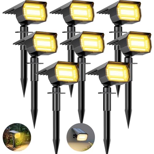 btfarm Luzes solares LED exterior jardim [8 embalagem / 72 LED], holofotes LED exteriores solares poderosos à prova de água IP65 candeeiro luz solar exterior iluminação para chão exterior, branco