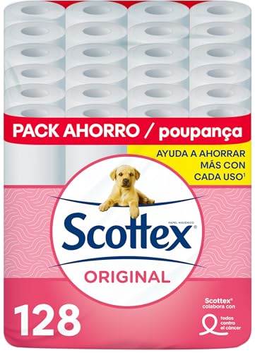 Scottex Papel higiénico original, 128 rolos, 4 embalagens de 32 rolos de duas camadas que proporcionam o equilíbrio adequado em suavidade e resistência