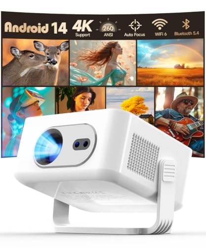 Projetor com Android 14, mini projetor portátil 4k & 8k Full HD compatível com 260ANSI, projetor de vídeo WiFi 6G BT 5.4, projetor cinema em casa giratório de 180° para TV Stick