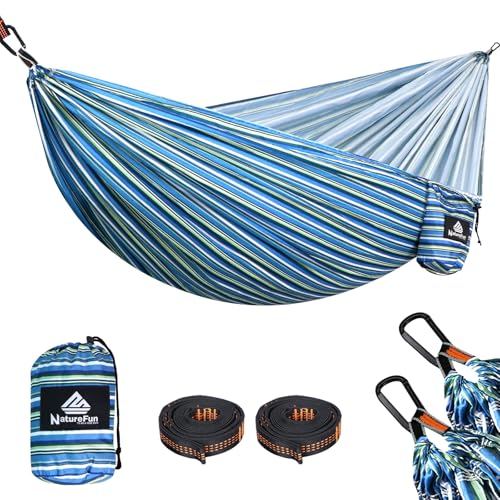 NATUREFUN Rede ultraleve para Camping| 300 kg de capacidade de carga, estilo paraquedas, de Nylon, respirável e de secagem rápida 2 mosquetões premium, 2 lingas de nylon incluídas.