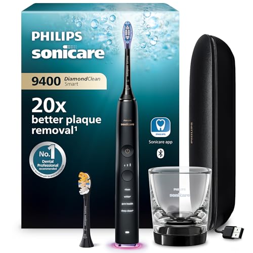Philips Sonicare DiamondClean Smart 9400, escova de dentes elétrica, sónica com aplicação, sensor de pressão, deteção de cabeça de escovagem, preto, modelo HX9917/89