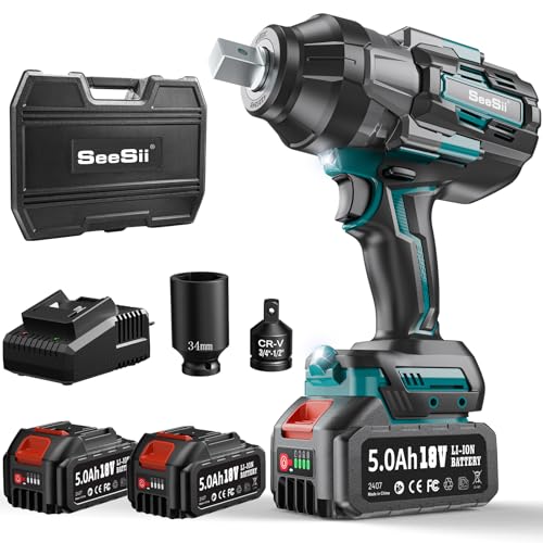 Seesii Chave de impacto de 1600 Nm, pistola de impacto elétrica sem escovas com 2 x 5000 mAh bateria, caixa de mudanças de 3 velocidades, 3/4'' a 1/2'' adaptador de broca, 34 mm tomadas
