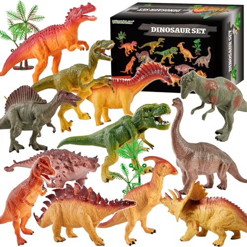 TOEY PLAY Dinossauros brinquedos para crianças, 3 anos, 12 peças grandes dinossauros, figuras com tiranossauro Rex Velociraptor Triceratops 2 árvores, educativas presente