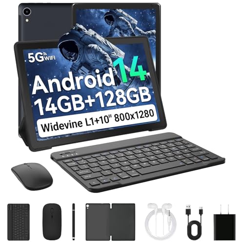 Laptok Android 14 Tablet de 10 polegadas, 14 GB +128 GB+1TB, WiFi6/BT5,2/5000 mAh, 8 + 5 MP/1280 * 800/Widevine L1, tablet PC com Stylus, capa protetora, rato Inn Com fio, A. Auriculares, teclado