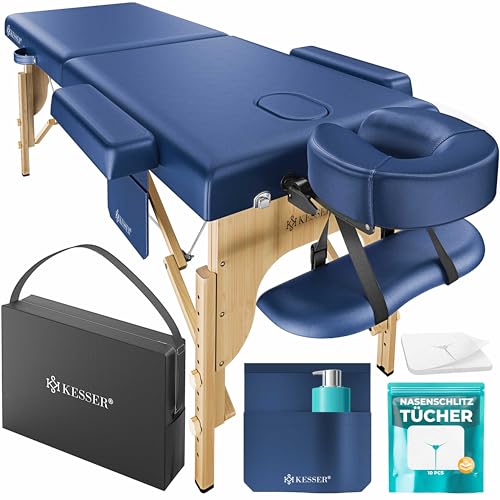 KESSER® Maca de massagem móvel com pés de madeira, dobrável e ajustável em altura, 2 zonas, mesa de massagem, mesa de massagem, espreguiçadeira larga, apoios de cabeça e apoios de braços, inclui bolsa