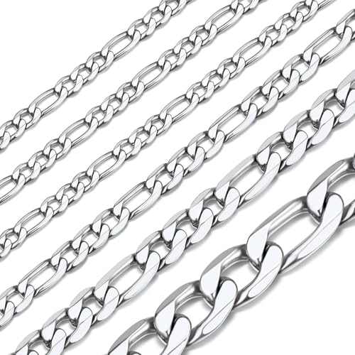 ChainsHouse Colar Figaro Italiano unissexo, correntes de aço para pingentes, 4/6/9/13 mm de largura e 41-76 cm de comprimento, prateado, preto e dourado