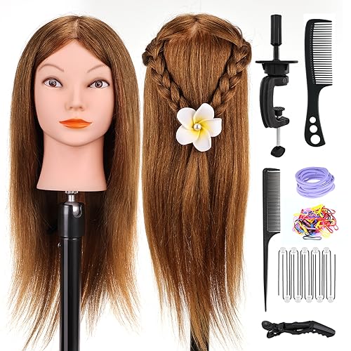 Cabeça de treino, Yofuly 18 polegadas cabeça cabeleireiro, 100 % cabelo humano, cabeça prática modelo manequim de cosmética com braçadeira de mesa e conjunto de tranças de cabelo DIY (castanho)