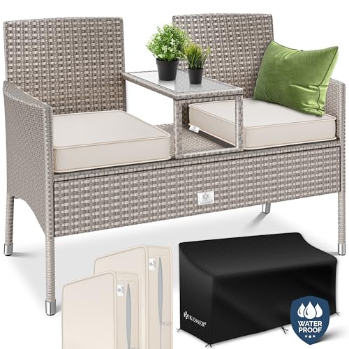 KESSER® Banco de jardim de polirattan de 2 lugares, com mesa e almofadas integradas - 133 x 63 x 84 cm - banco de vime sofá de jardim conjunto de assentos resistente ao interior, cinzento
