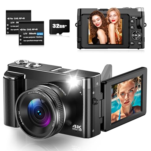 Câmara digital 4K 48MP autofoco câmara de fotos com ecrã Flip de 180° de 3", câmara digital compacta 4K com cartão de 32 GB, zoom digital 16X para iniciantes, adolescentes