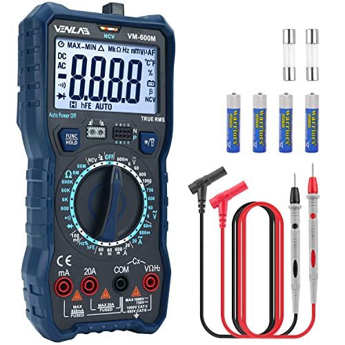 VENLAB Multímetro com faixa manual, True RMS multímetro digital 6000 contas, polímetro medição de corrente/tensão/capacitância/resistência/frequência/ciclo de trabalho/NCV/hFE/continuidade