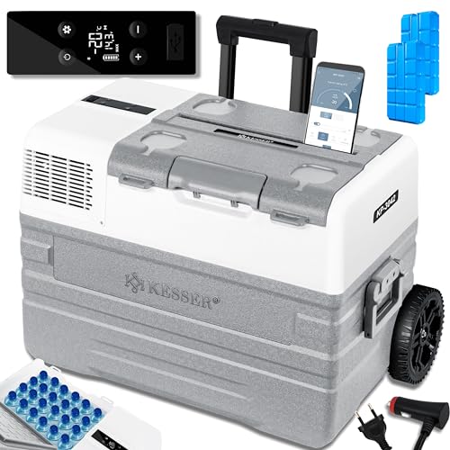 KESSER® Geladeira elétrica portátil de compressor de 42 litros, congelador com controlo APP, conexão USB 12/24 V 230 V, rodas telescópicas, frigorífico até -20 °C, cinzento