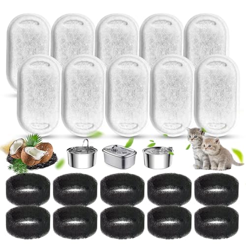 20 filtros de fonte para gatos, inclui 10 filtros de carvão e 10 peças de esponja de espuma, para uma ampla gama de fontes para gatos de aço inoxidável