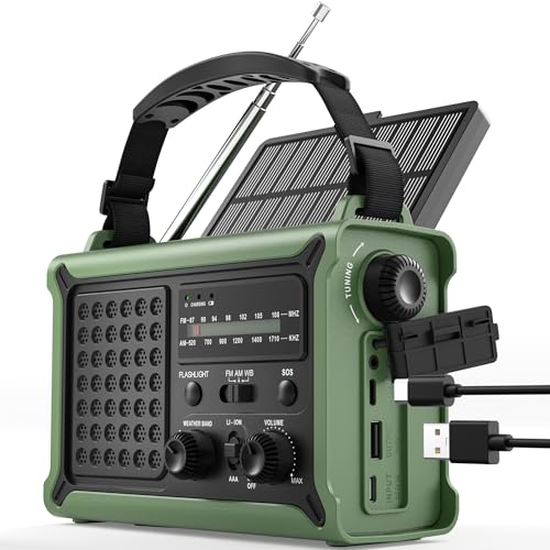 Rádio de manivela ROCAM, rádio de emergência de 12 000 mAh com painel solar de 8500 mm² e manivela de 650 mA, rádio portátil com recetor solar mundial com recepção AM/FM, lanterna LED e luz de leitura