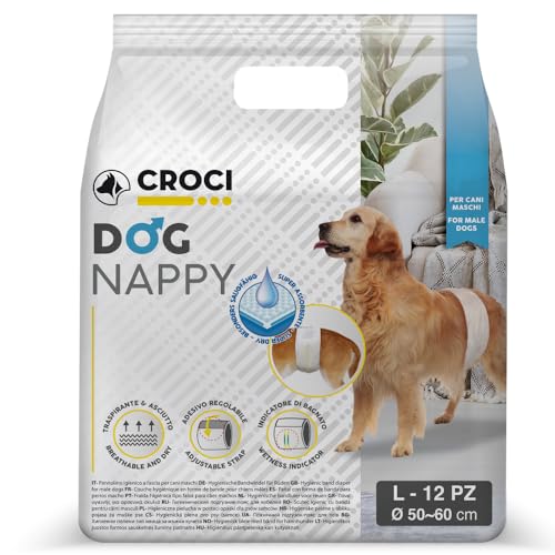 Croci Dog Nappy - Fraldas para cães e machos - cuecas para cães para urinar - fralda de envoltório higiénica para cães machos, antiodor, descartável, 12 peças, tamanho L, 50-60 cm
