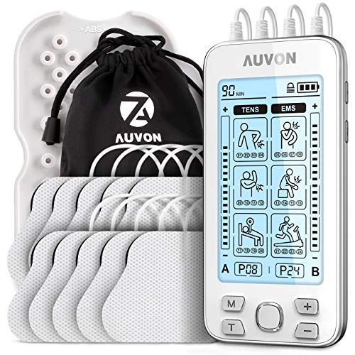 AUVON Eletroestimulador TENS de 4 saídas, TENS EMS para terapia de alívio da dor, com massajador de pulso elétrico de 24 modos, 10 peças de elétrodos premium de 2" x 2" com design patenteado