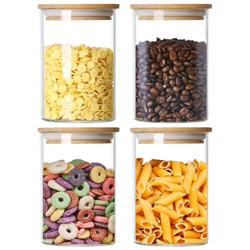 MESNEY Embalagem de 4 frascos de vidro para armazenamento de alimentos de 1000 ml com tampas de bambu, recipientes cilíndricos herméticos para cozinha e despensa, frascos de vidro transparente