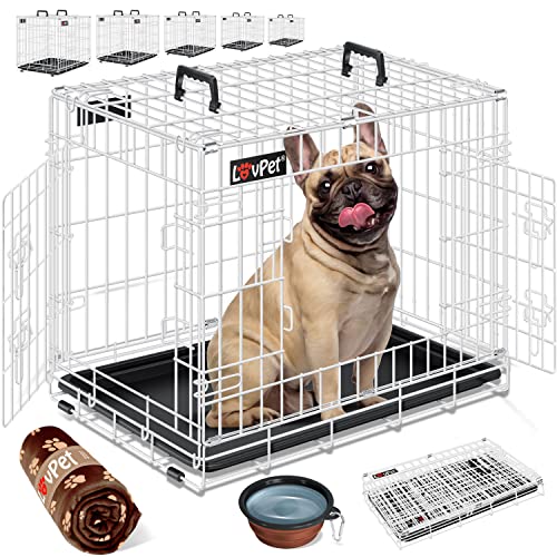LOVPET® Gaiola dobrável para cães, Incl. Cobertor polar porta-moedas bandeja de base, gaiola para cães com 2 portas, transporte para animais de estimação, 77,5 x 48,5 x 55,5 cm - branco, M