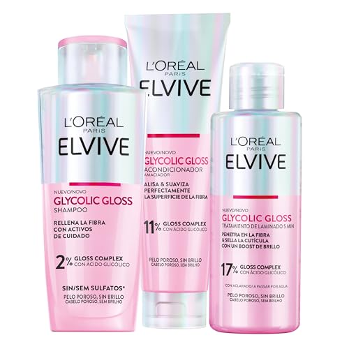 L'Oréal Paris Pack ELVIVE Glycolic Gloss champô sem sulfatos e condicionador e tratamento em 5 minutos com ácido glicólico para todos os tipos de cabelo